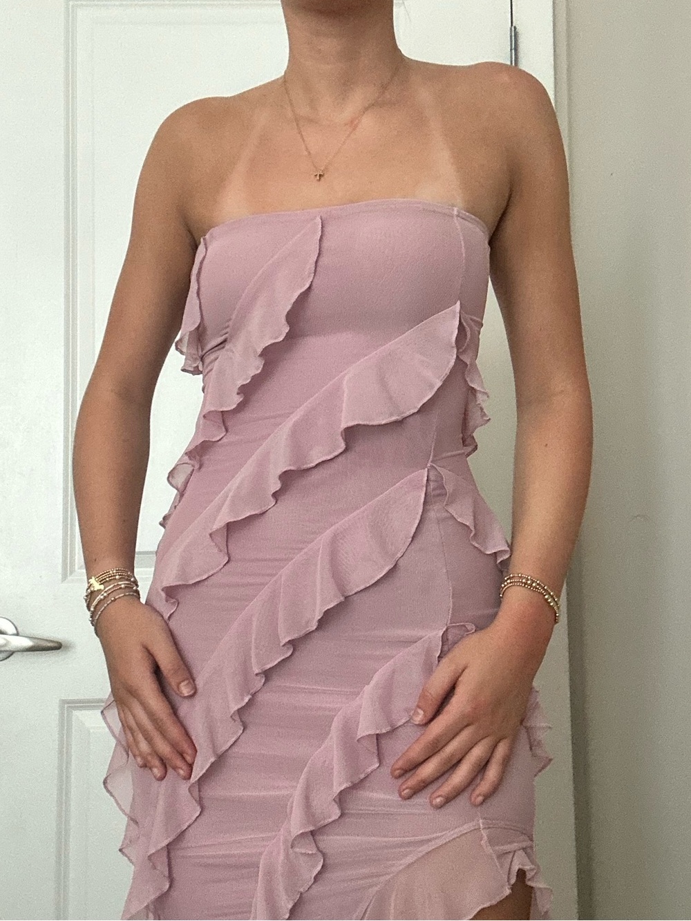 Oh Polly Strapless Ruffle Asymmetric Midi Dress - Dusty Pink - Picture 2 of 6